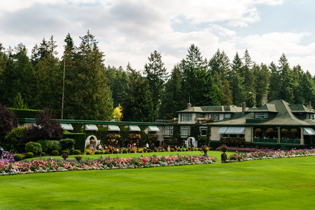 Brentwood Bay, CANADA - September 01, 2018: Green decorative garden Neutral landscape with green fieldのeditorial素材