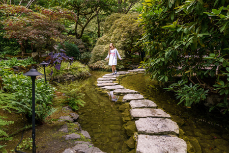 Brentwood Bay, CANADA - September 01, 2018: Green decorative garden Neutral landscape with green fieldのeditorial素材