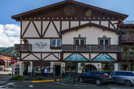 Leavenworth, USA - September 16, 2018: Downtown of small bavarian styled village in the Cascade Mountainsのeditorial素材