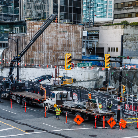 VANCOUVER, CANADA - March 12, 2019: View of buildings and roads in downtown at spring day.のeditorial素材