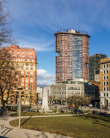 VANCOUVER, CANADA - March 1, 2019: View of buildings and roads in downtown at spring day.のeditorial素材