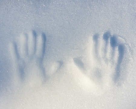 Winter theme two handprints in the snowの写真素材