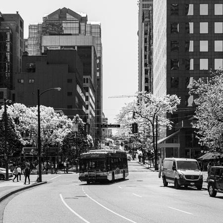 VANCOUVER, CANADA - MAY 22, 2019: downtown cityscape street of modern office building in big cityのeditorial素材