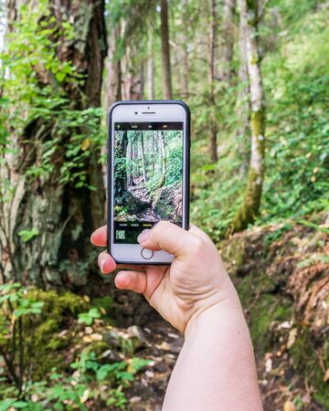 VICTORIA, CANADA - JULY 13, 2019: hand holding the smartphone taking picture of green summer forestのeditorial素材
