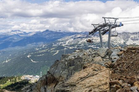 WHISTLER, CANADA - AUGUST 25, 2019: chair lift ride to the top of the mountain.のeditorial素材