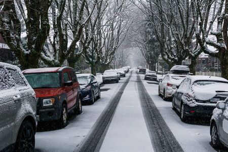 VANCOUVER, CANADA - FEBRUARY 4, 2020: residential area during snowfall winter time.