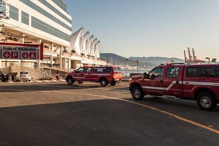 VANCOUVER, CANADA - FEBRUARY 19, 2020: fire truck on street in downtown.