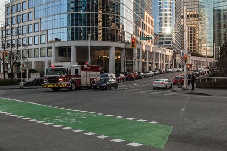 VANCOUVER, CANADA - FEBRUARY 19, 2020: fire truck on street in downtown.