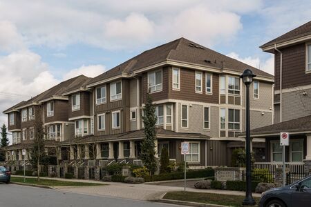 RICHMOND, CANADA - FEBRUARY 2, 2020: Architectural details of modern townhouses Alder street.