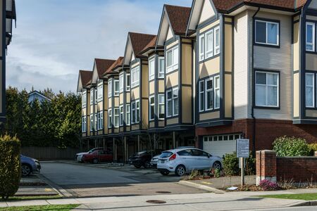 RICHMOND, CANADA - FEBRUARY 2, 2020: Architectural details of modern townhouses Alder street.