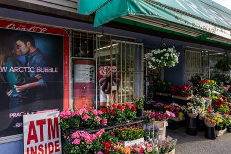 BURNABY, CANADA - JUNE 19, 2019: street view of beautiful colorful flowers in flower shopのeditorial素材