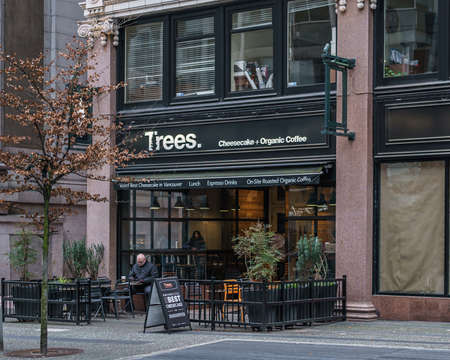 VANCOUVER, CANADA - FEBRUARY 2, 2020: morning coffee in cafe with best cheesecake downtownのeditorial素材