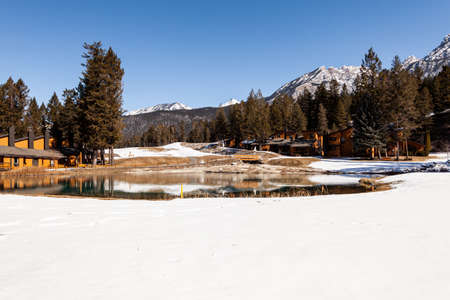 FAIRMONT HOT SPRINGS, CANADA - MARCH 16, 2020: vacation villas in small town situated in rocky mountainsのeditorial素材