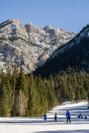 FAIRMONT HOT SPRINGS, CANADA - MARCH 16, 2020: freeride skier going down hillのeditorial素材