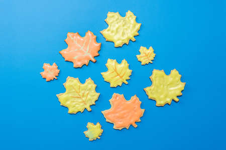 Sweet homemade leaf cookie with icing isolated on dark blue background flat lay composition.の写真素材