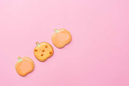 Sweet homemade pumpkin cookie with icing isolated on pink background minimal flat lay composition.の写真素材