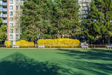 Springtime view of big green field in front of huge appertment buildings complex.の写真素材