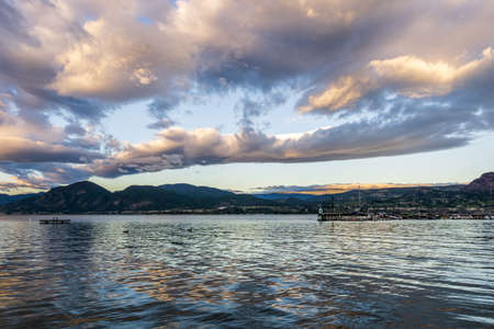 Beautiful lake in British Columbia Canada mountains cloudy morningの写真素材
