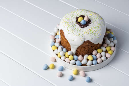 Traditional Easter cake or sweet bread on white background homemade pastry.