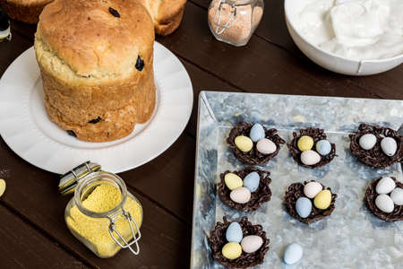 Easter cake and eggs traditional decoration and attributes ingredients.の写真素材