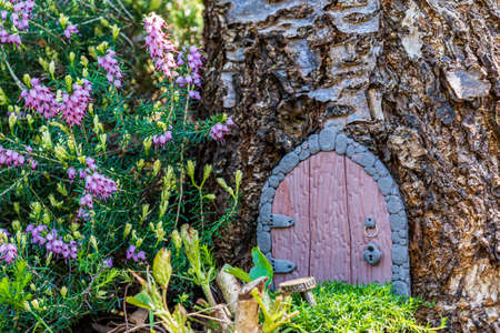 Little fairy tale door made from clay in a tree trunk with small chair.の写真素材