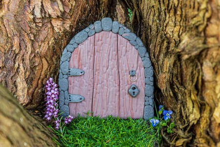 Little fairy tale door made from clay in a tree trunk with purple and blue flowers.の写真素材