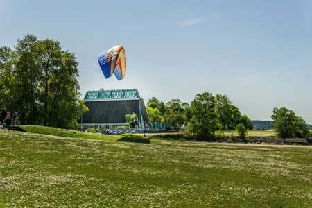 VANCOUVER, CANADA - MAY 08, 2020: paraglider in the Vanier Park trying to take to the air.のeditorial素材