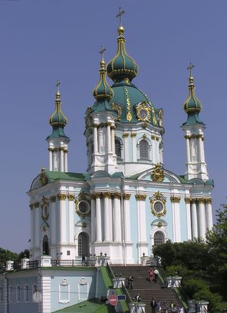 Kiev Andreevskaya church built by Rastrelli gold cupola in skyの写真素材