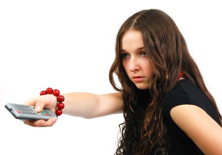 Model with long hair and beads and control panel in handの写真素材