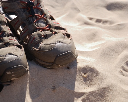 Light trainers or sneakers are on the sand  の写真素材
