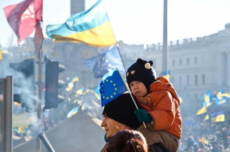 Kiev, Ukraine - December 22 2013  Young family participate in the continuous demonstration against the policy of the Ukrainian government and President のeditorial素材