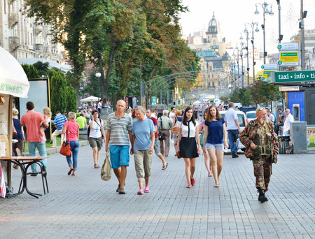 Kyiv, Ukraine  - August 11 2014: Townspeople and guests are in the main street Khreshchatyk in the Ukrainian capital Kyiv.のeditorial素材