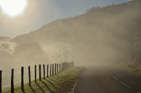 The mountain slope is covered with mist in the winter sunny day. There is a country road along the green pastures in the Pays Basque.の写真素材