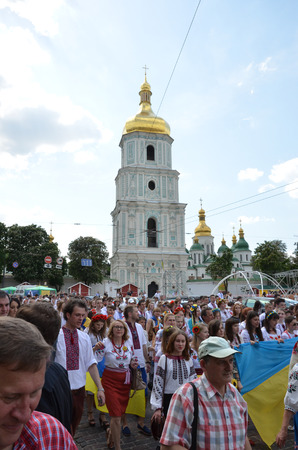 Kiev Ukraine  May 24 2015: Ukrainian people take part at Megamarch in embroideries in Kyiv.のeditorial素材