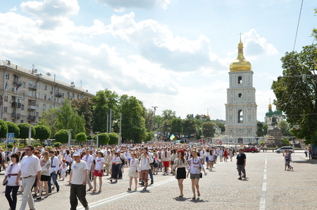 Kiev Ukraine  May 24 2015: Ukrainian people take part at Megamarch in embroideries in Kyiv.のeditorial素材