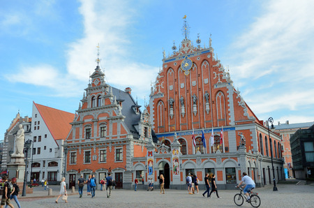 Latvia, Riga - August 28 2015: The building of the Brotherhood of Blackheads is one of the most iconic buildings of Old Riga.のeditorial素材