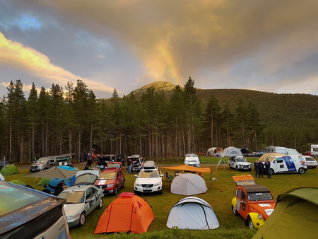 Motoring tourists of the Paris-North Cape Photo Rally have set up a camp in the Randsverk camping.のeditorial素材