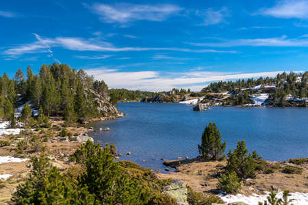 Mountain lake Matemale France Pyrenees spring time green and blue colorsの写真素材