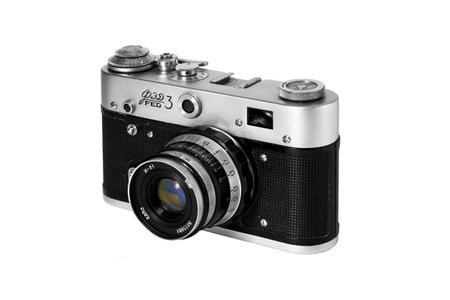 Old photo camera FED-3 isolated on a white background completely sharp due to focus stacking