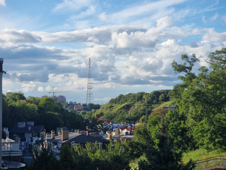 Scenic view of the colorful Vozdvyzhenka district in Kyiv as seen from Old Kyiv Hill. Bright summer...