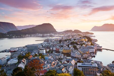 Top view of the city of Alesund at sunset . Norwayの写真素材