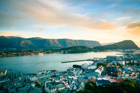 Top view of the city of Alesund at sunset . Norwayの写真素材