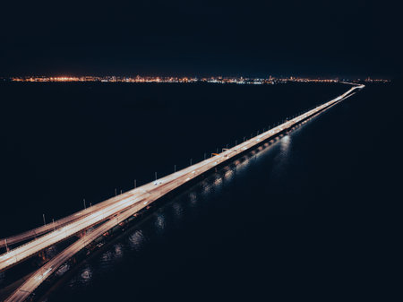 Night top view of the longest bridge and road junction illuminated by road lightsの写真素材