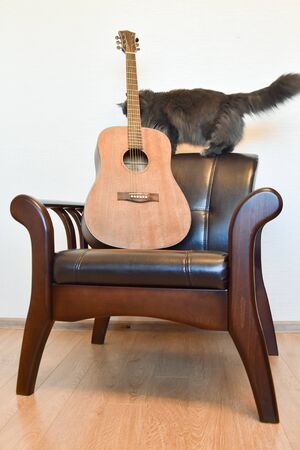 Acoustic six-string guitar and vintage leather armchair in the interiorの写真素材