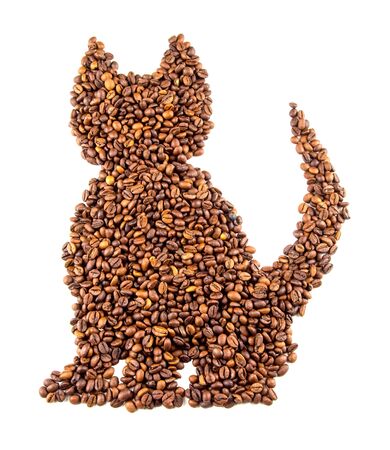 Roasted coffee beans placed in the shape of a cat Isolated on white backgroundの写真素材