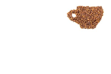 Roasted coffee beans placed in the form of a cup of coffee isolated on white backgroundの写真素材