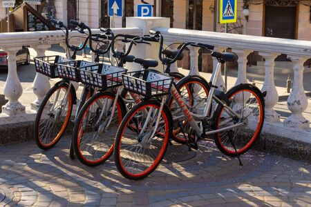 Rostov-on-Don, Russia - April 7, 2020: public bicycles for rent in the city center. Bike sharing. Eco-friendly modes of transport. Environmental measures in citiesの写真素材