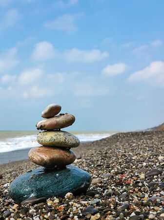 Heap of stones on the bank of Black sea in Crimeaの写真素材