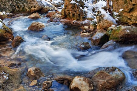 Mountain river in winter near the Red Cave in the Crimeaの写真素材