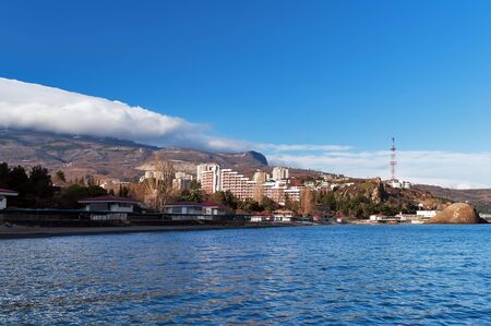View from the sea to the town Partenit in Crimeaの写真素材